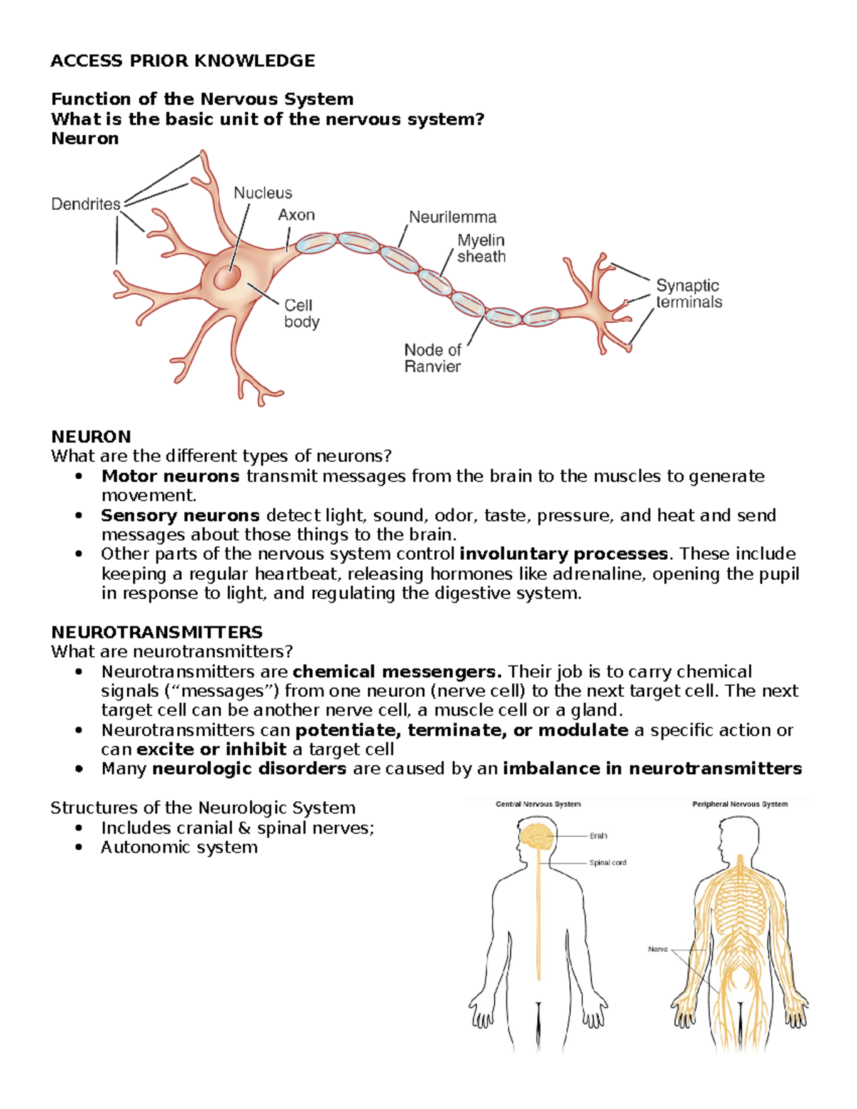 Neuronotespptpart 2 - neuro - ACCESS PRIOR KNOWLEDGE Function of the ...