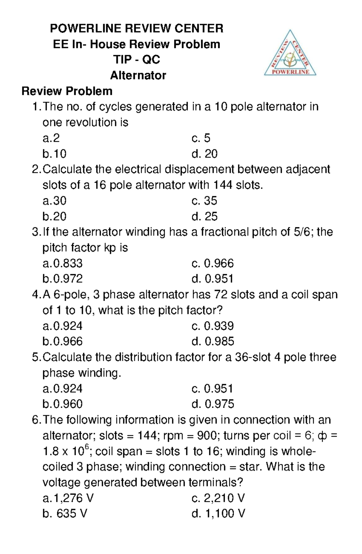 Exam 2020, questions - POWERLINE REVIEW CENTER EE In- House Review ...