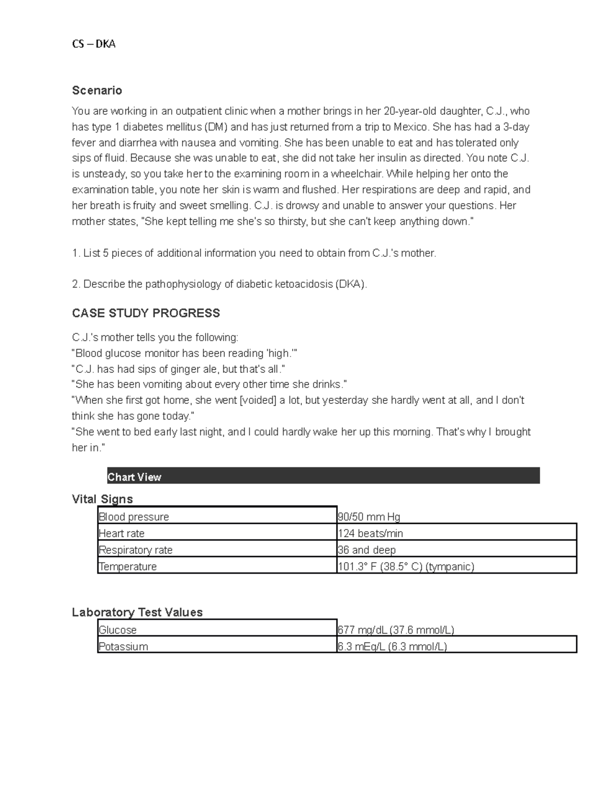 Diabetic Ketoacidosis (DKA) Case Study Pathophysiology Assessment and