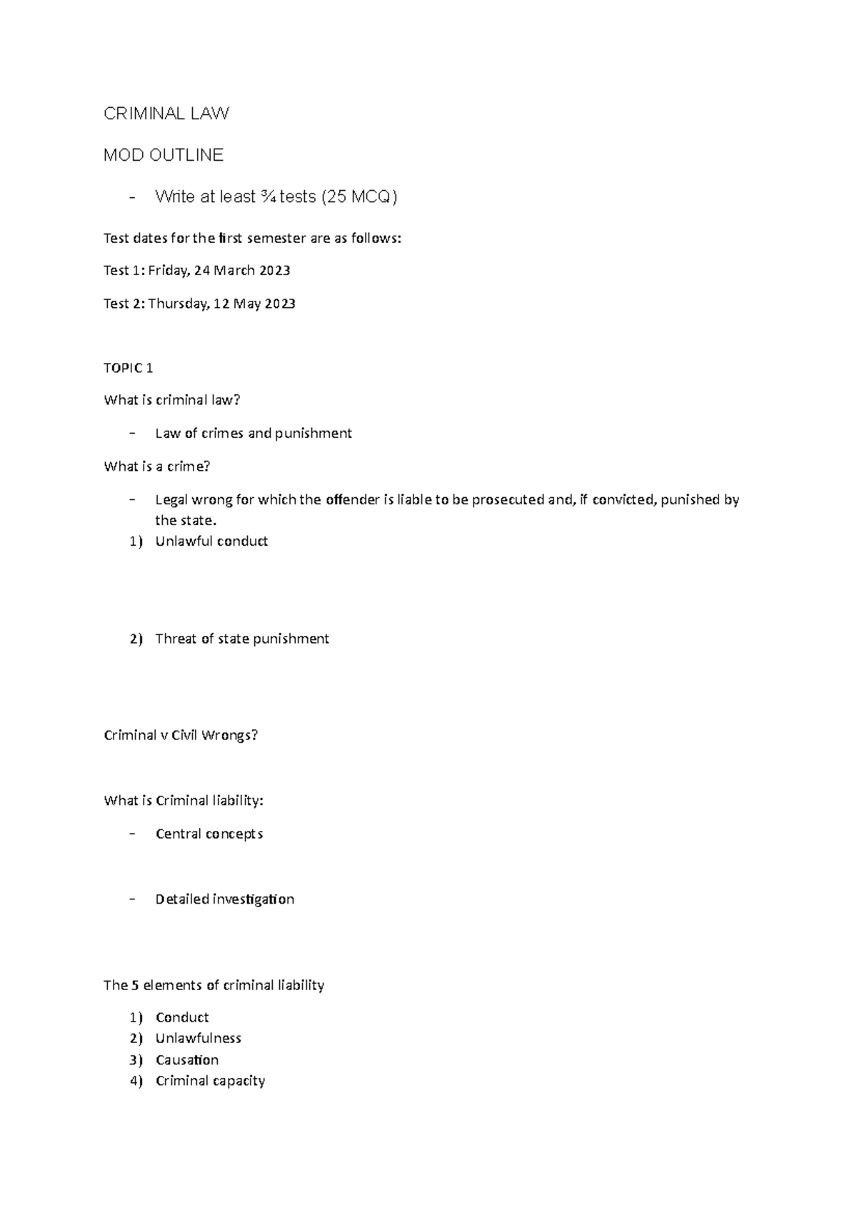 Criminal Law Unit One Part And Parcel With The Module Outline Criminal Law Mod Outline 9475