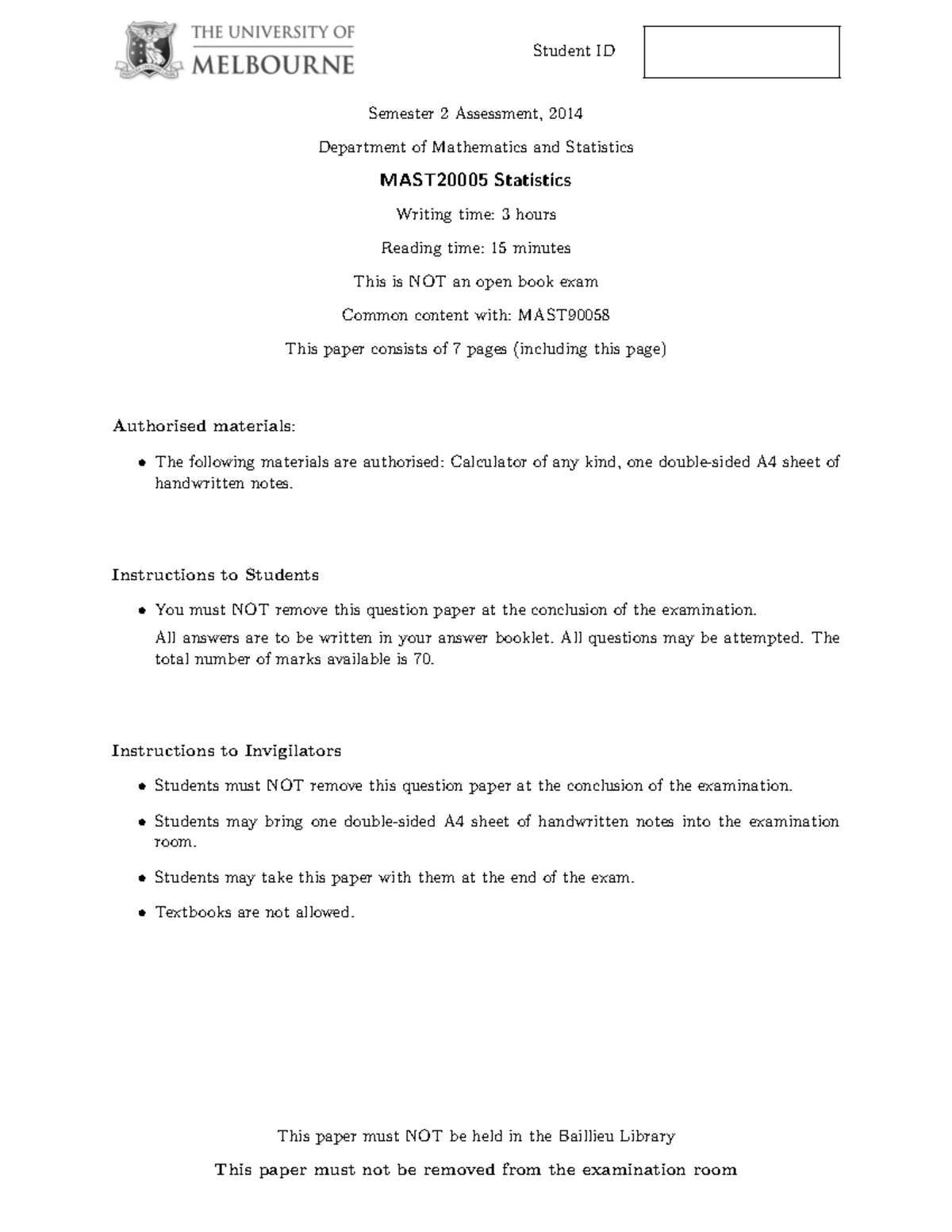 Exam June 2014, questions - Student ID ! Semester 2 Assessment, 2014 ...