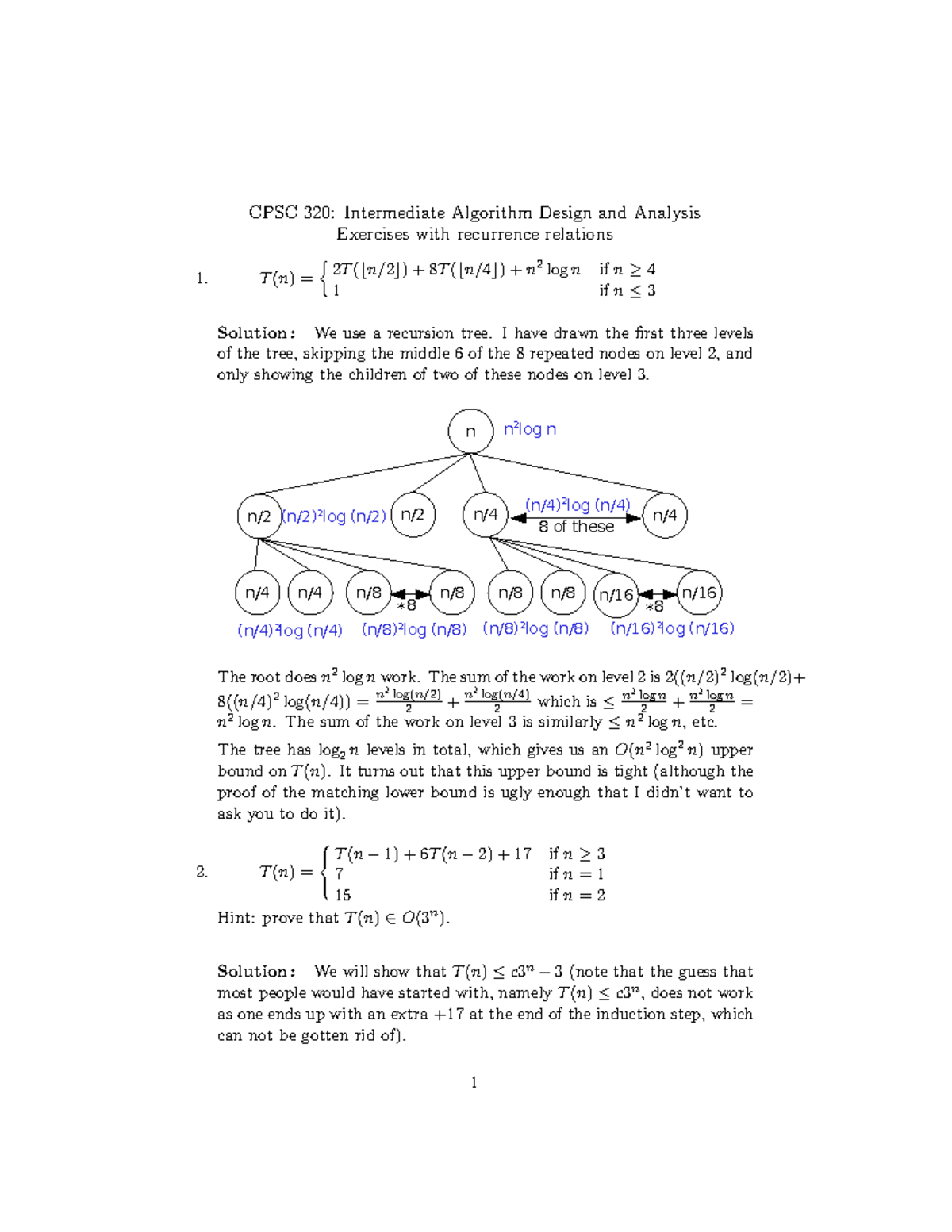 Recurrence Practice Soln - CPSC 320: Intermediate Algorithm Design and ...
