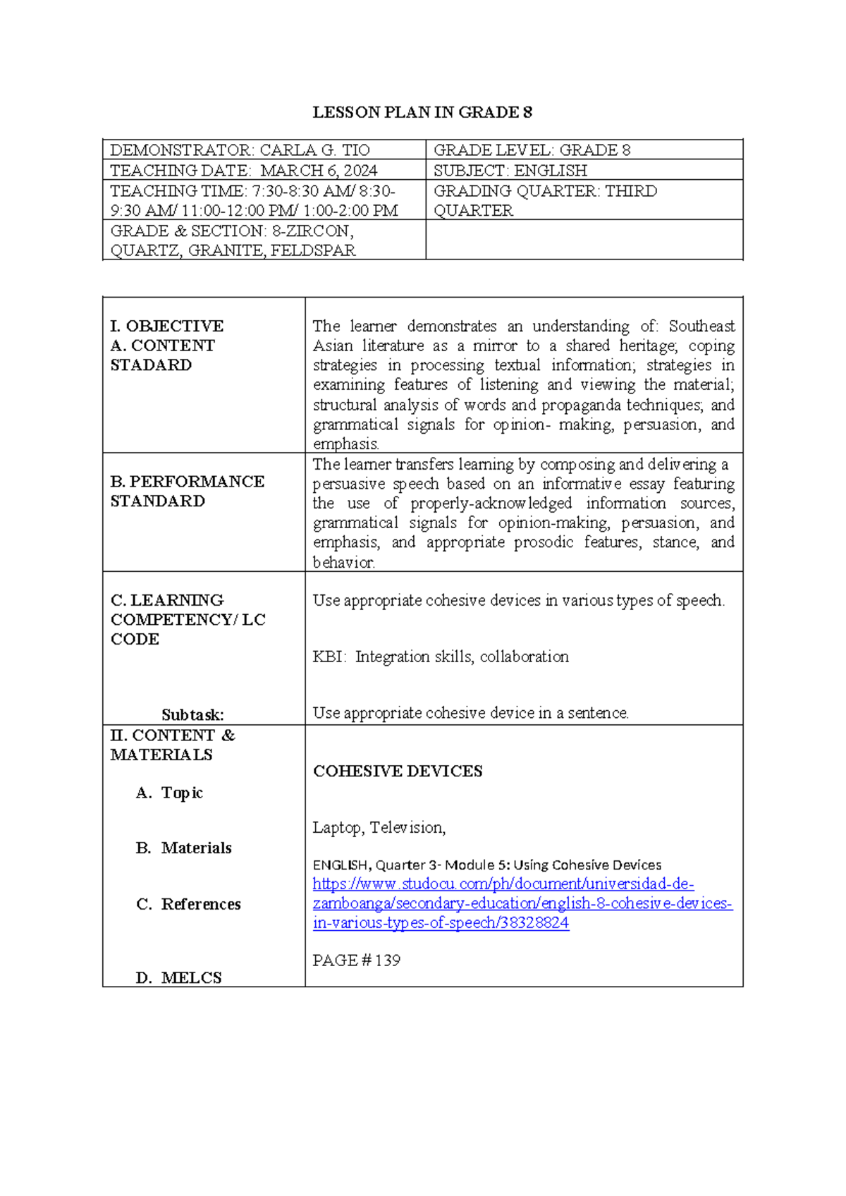 March 6, 2024 LP - Lesson Plan - LESSON PLAN IN GRADE 8 DEMONSTRATOR ...