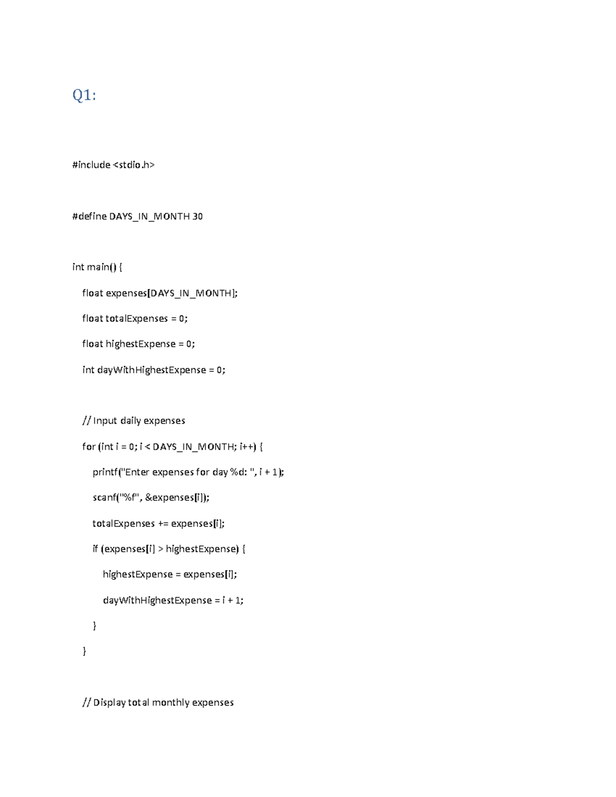 C Array exercise Q1 include define DAYS_IN_MONTH 30 int main
