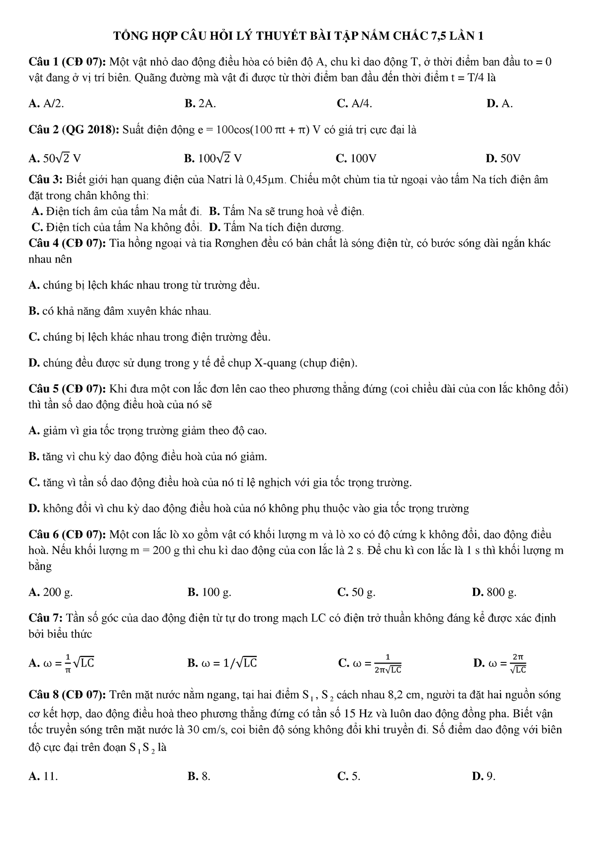 File đề - AAA - TỔNG HỢP CÂU HỎI LÝ THUYẾT BÀI TẬP NẮM CHẮC 7,5 LẦN 1 ...
