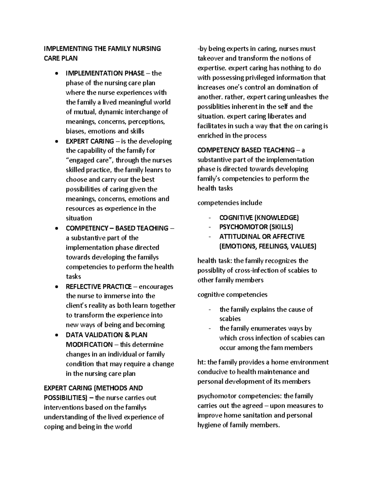 Implementing the Family Nursing care plan summary study guide reviewer