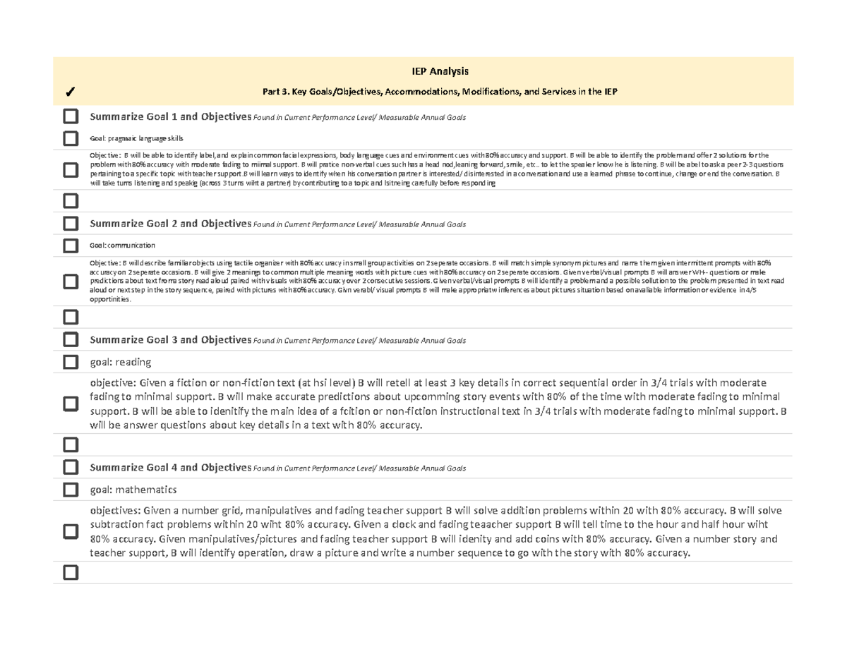 IEP Analysis 3. Goals - IEP Analysis Part 3. Key Goals/Objectives ...