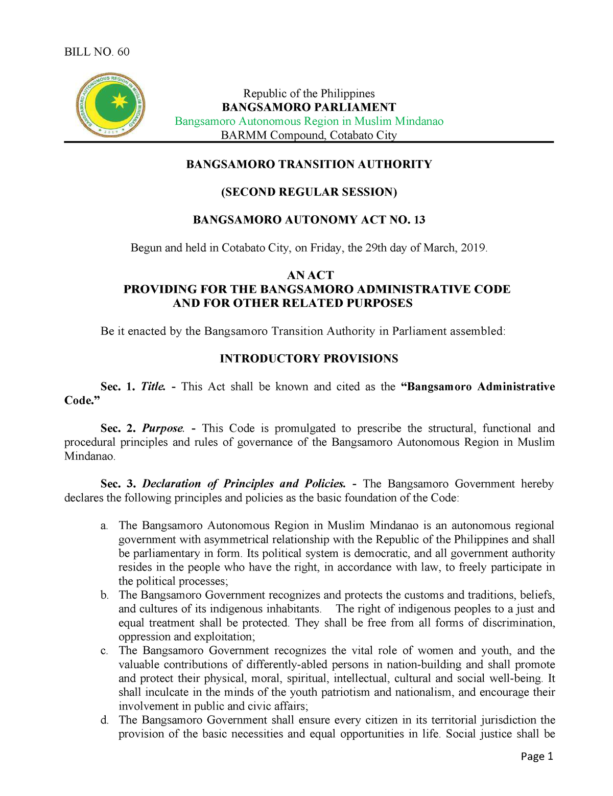 Bangsamoro Autonomy Act No - BILL NO. 60 Republic of the Philippines ...