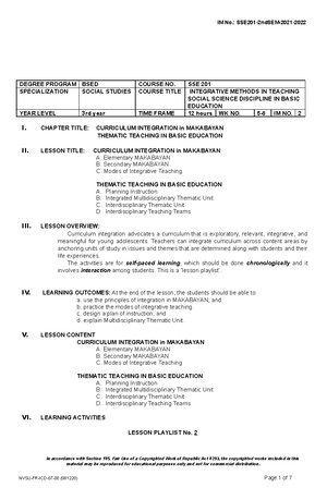 IM- Playlist 3- Integrative- Modes - DEGREE PROGRAM BSED COURSE NO. SSE ...