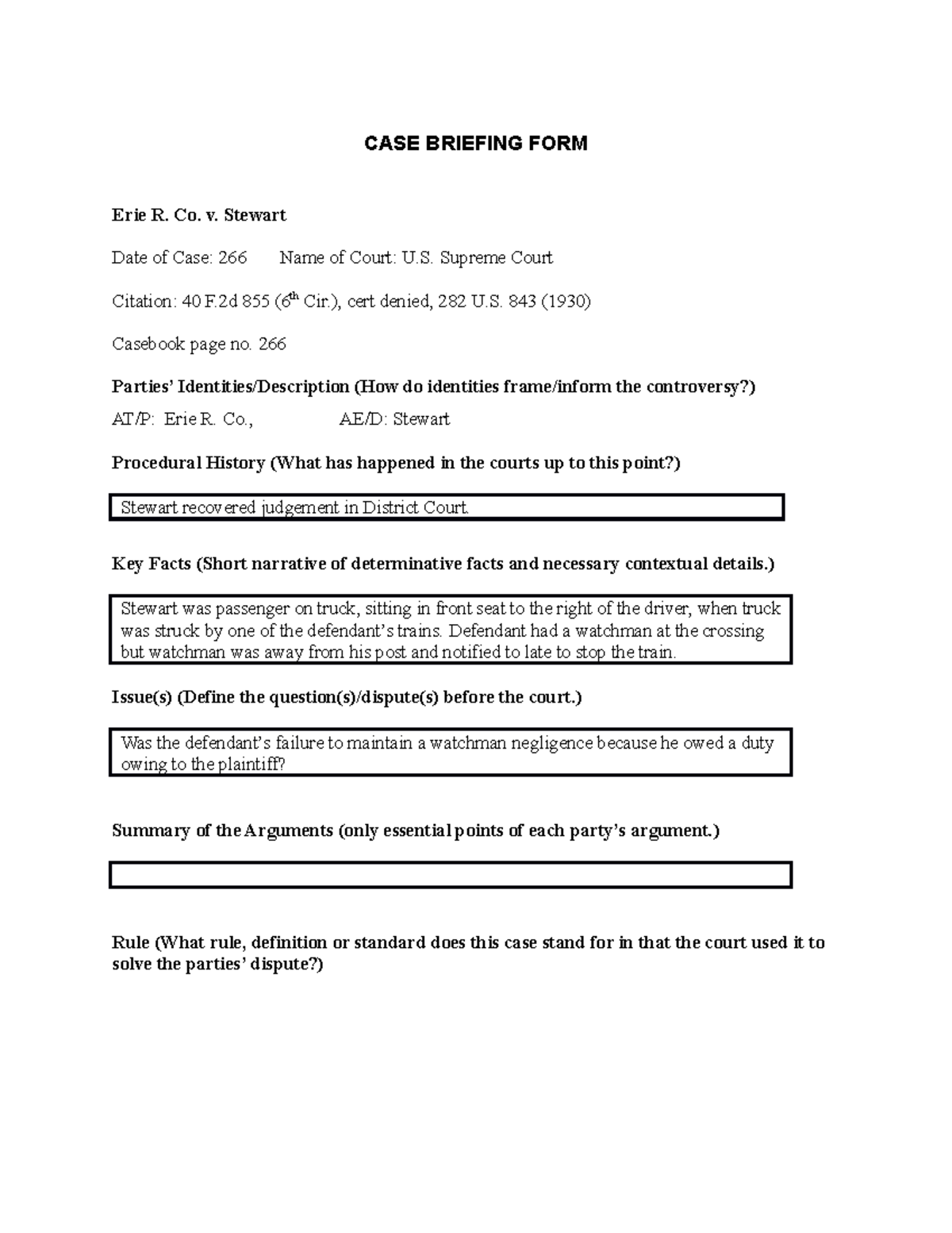 Erie R. Co. V. Stewart - Case Brief. - CASE BRIEFING FORM Erie R. Co. V ...