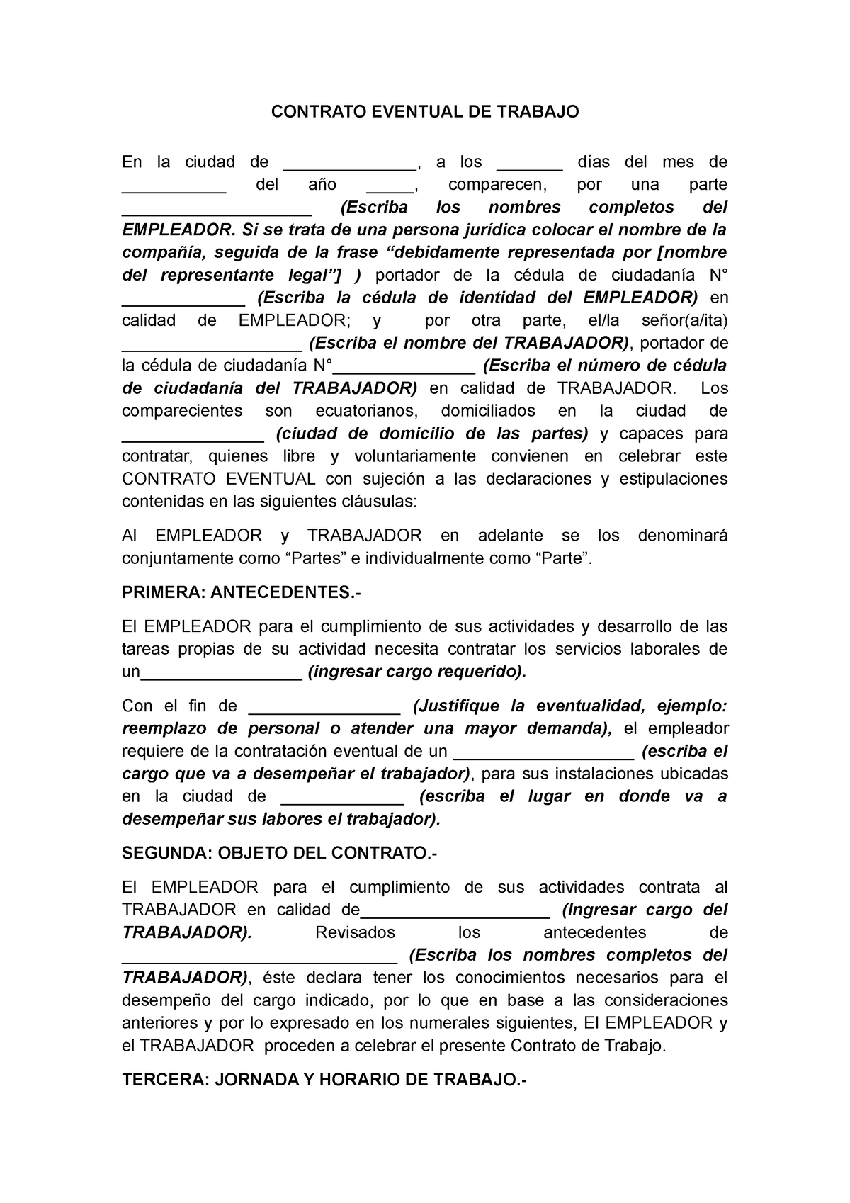 Contrato- Eventual-DE- Trabajo - CONTRATO EVENTUAL DE TRABAJO En la ciudad  de ____, a los ______ - Studocu