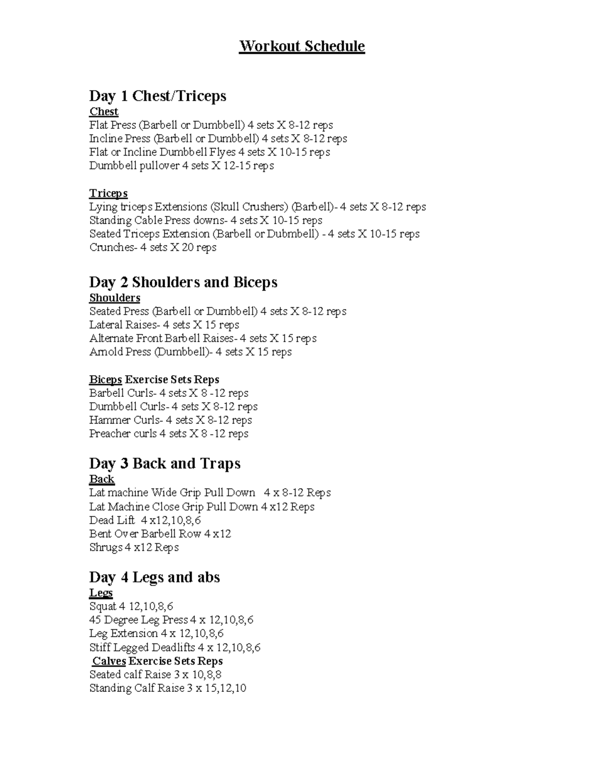 Workout Schedule 4 Day Split B - Workout Schedule Day 1 Chest/Triceps ...