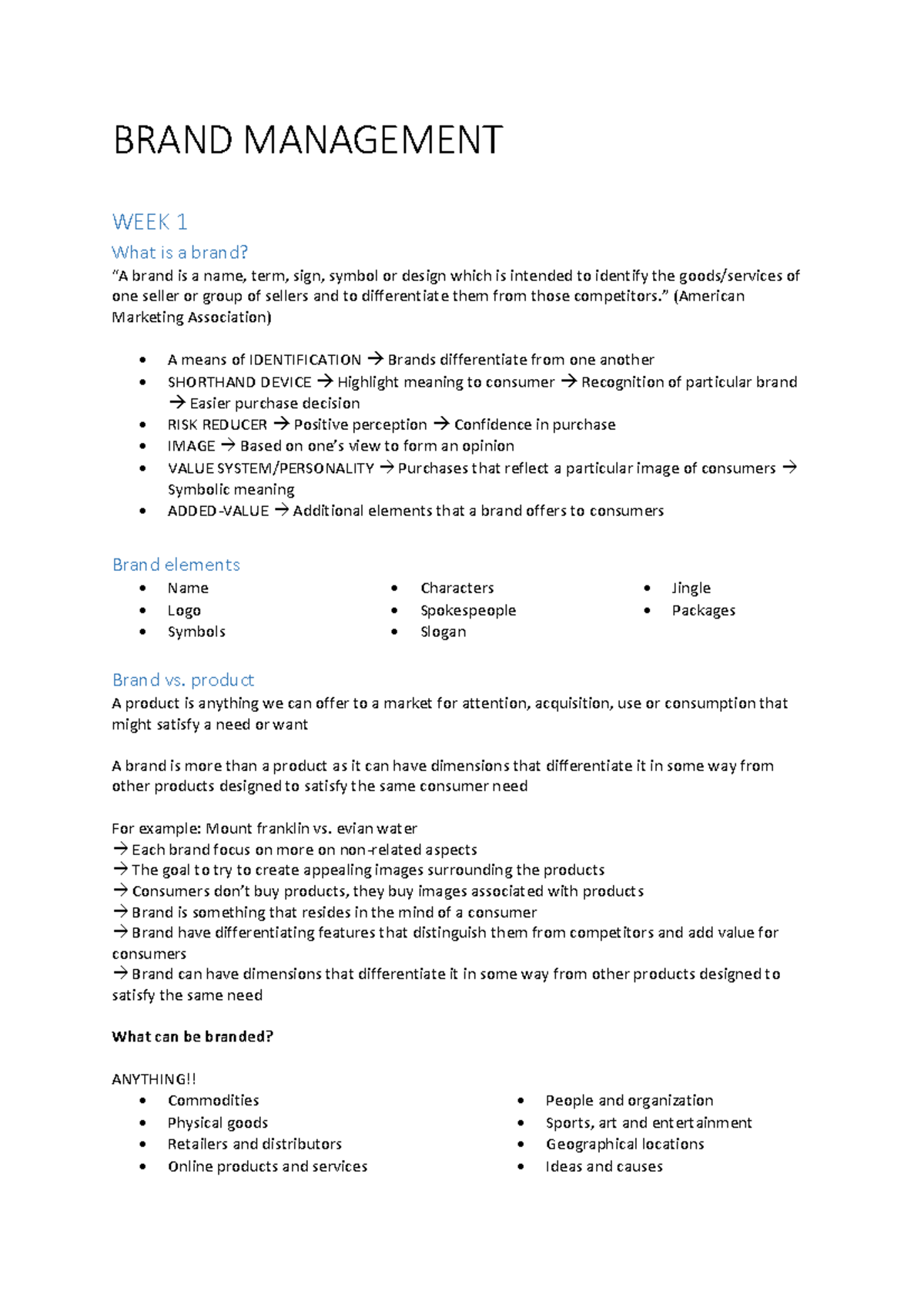 Hd brand management notes 2017 - BRAND MANAGEMENT WEEK 1 What is a ...