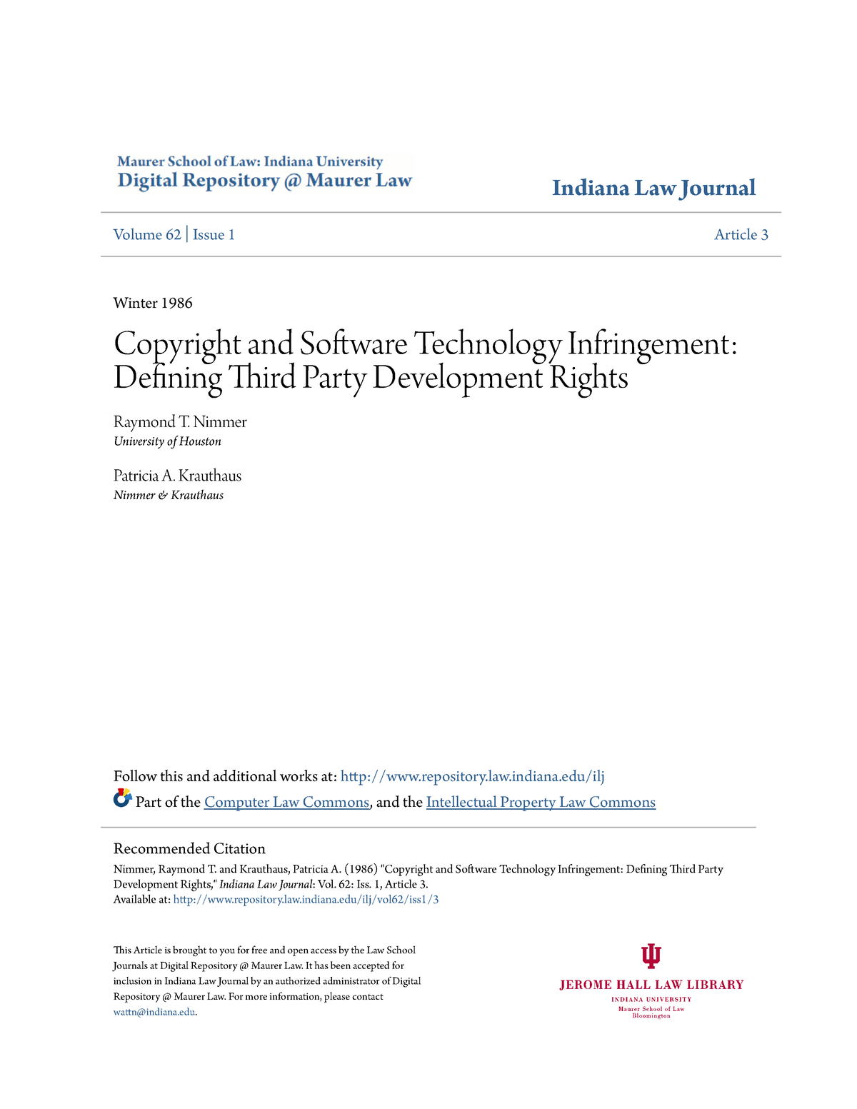 Copyright And Software Technology Infringement - Indiana Law Journal ...