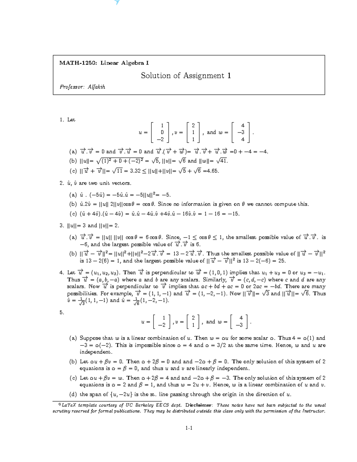 Homework 1 Solutions- Linear Algebra Winter 2024 - N MATH-1250: Linear ...