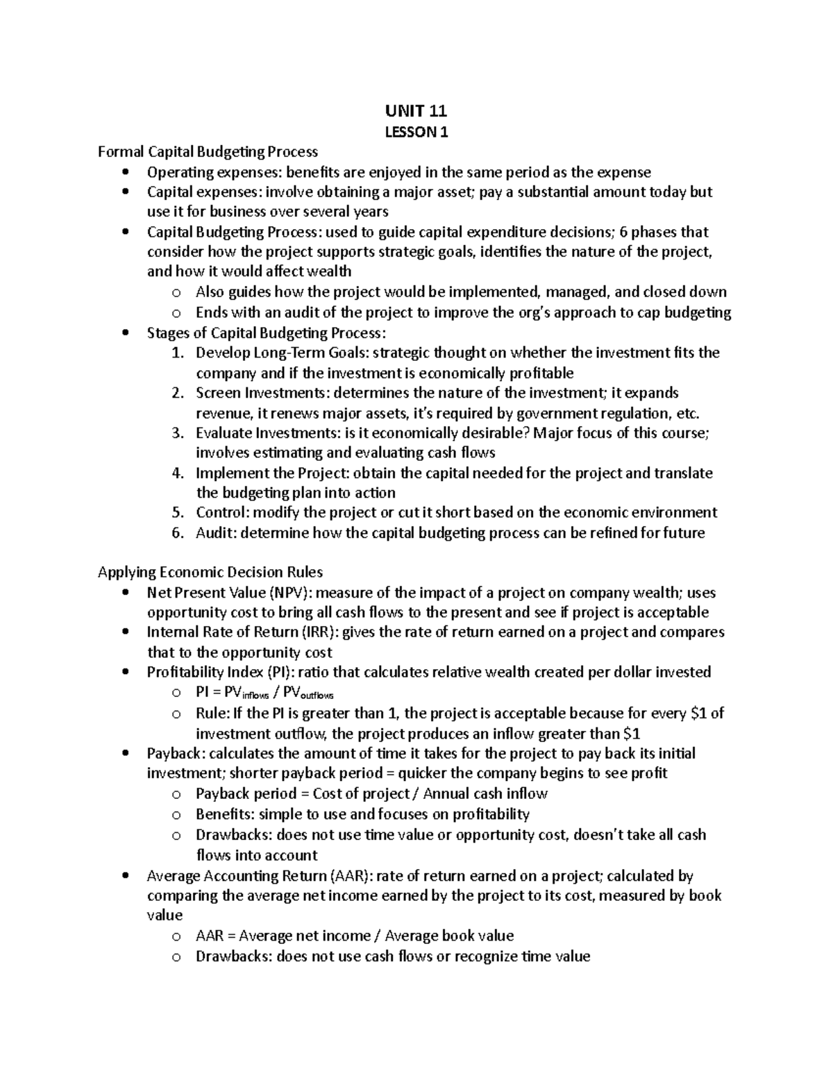 Unit 11 - Lecture notes 11 - UNIT 11 LESSON 1 Formal Capital Budgeting ...