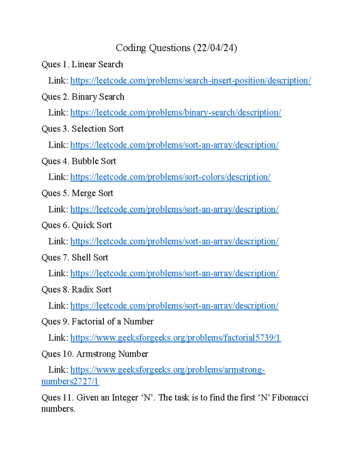 Coding Questions - Linear Search Link: leetcode/problems/search-insert ...