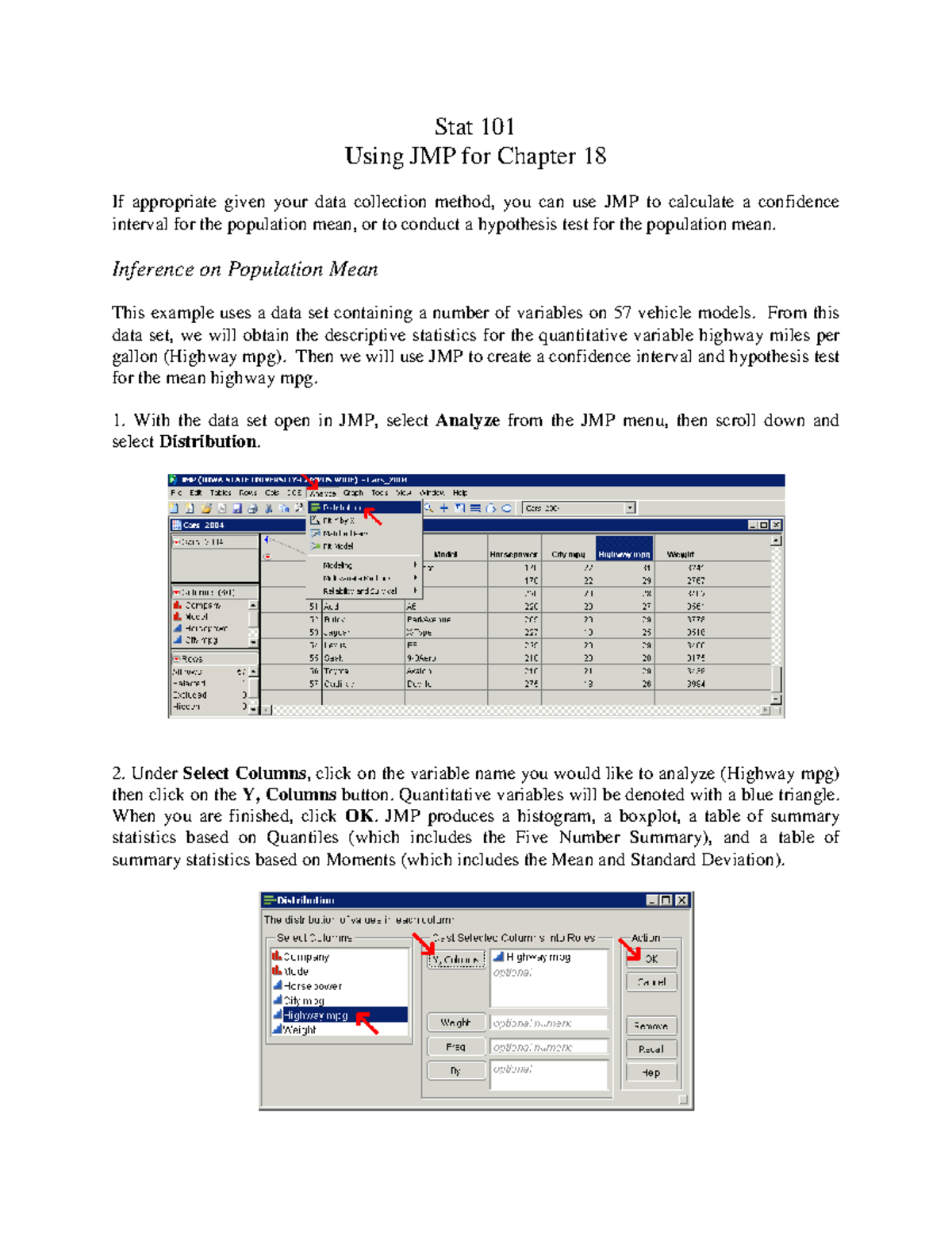 Chapter 18 - Stat 101 Using JMP for Chapter 18 If appropriate given ...
