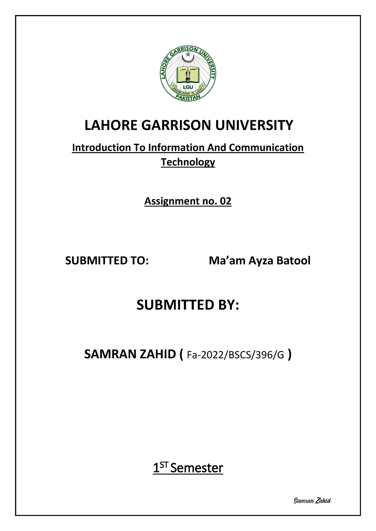 university of lahore assignment title page