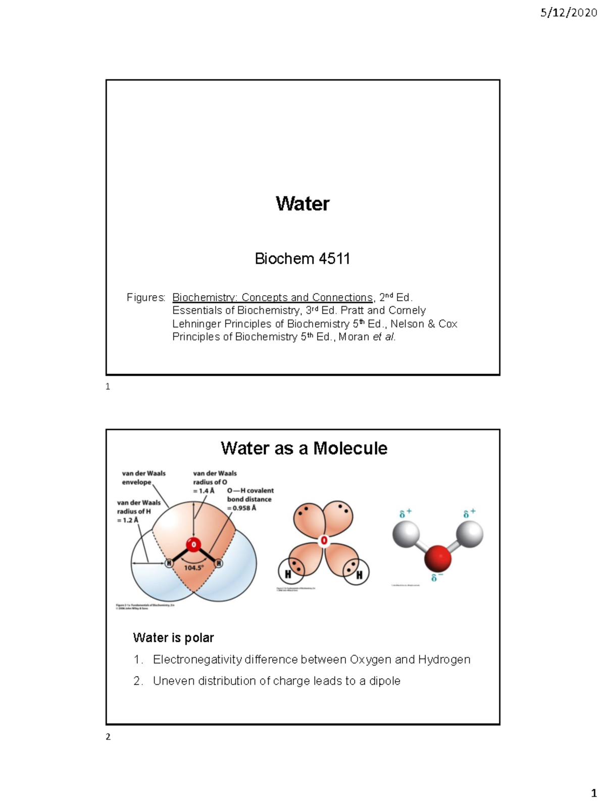 Chapter 2 Water Lecture notes Water Biochem 4511 Figures