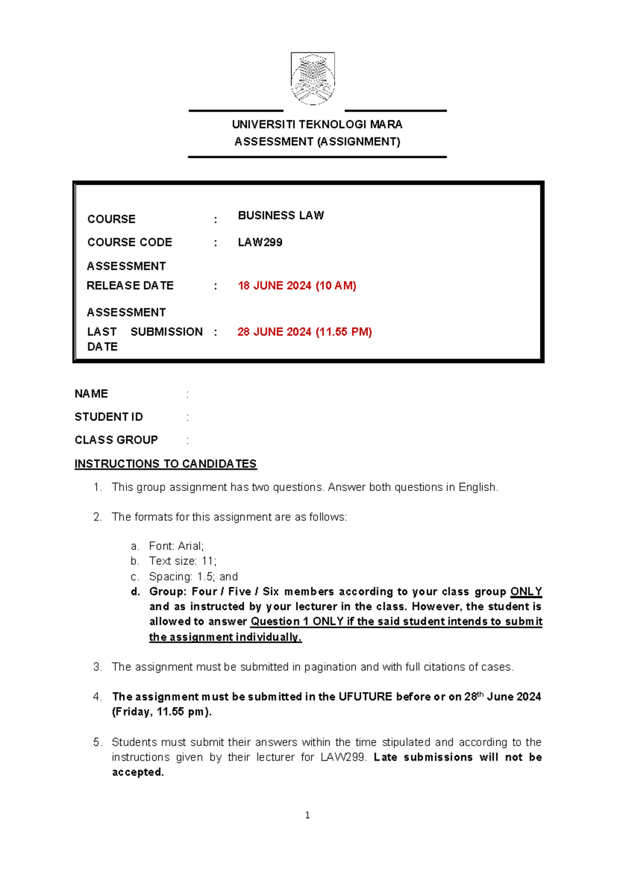 Assignment LAW299 - 1 UNIVERSITI TEKNOLOGI MARA ASSESSMENT (ASSIGNMENT ...