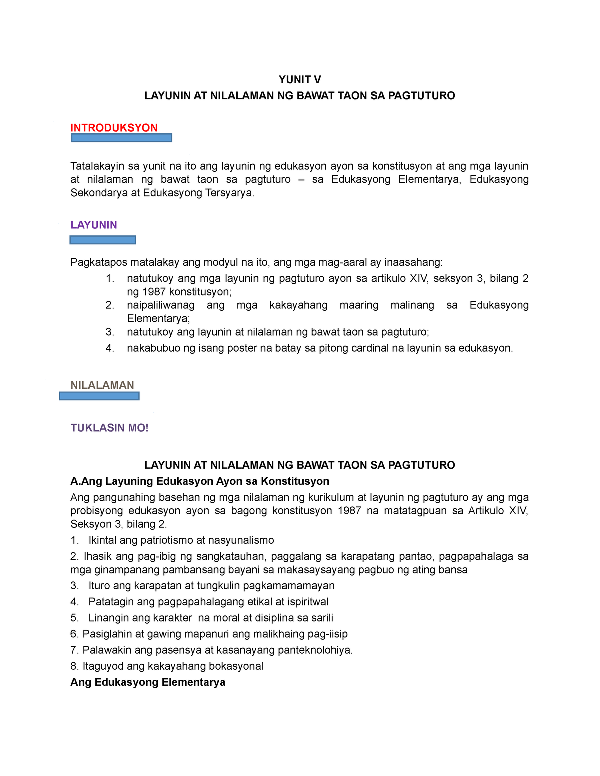 Modyul 5 - Module 5 - YUNIT V LAYUNIN AT NILALAMAN NG BAWAT TAON SA ...