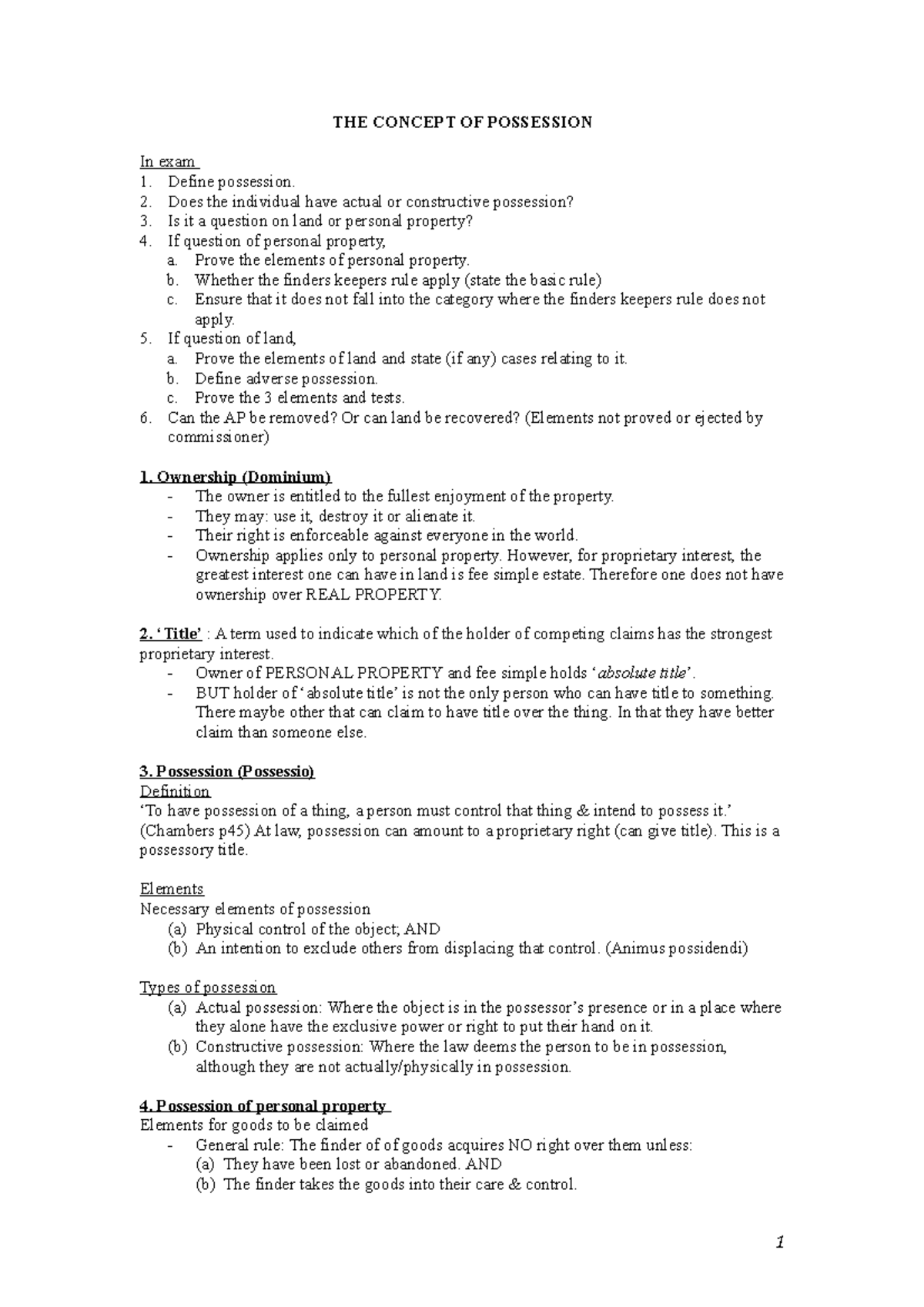 Property LAW EXAM Notes - THE CONCEPT OF POSSESSION In exam Define ...