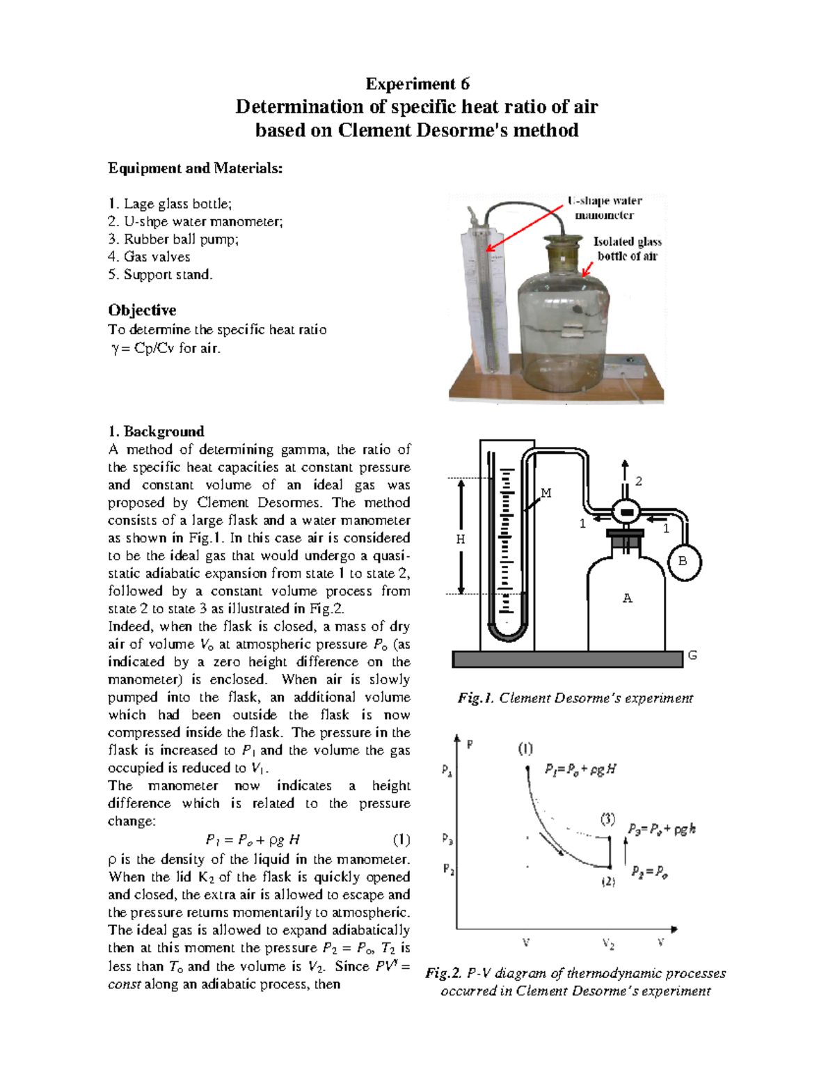 Ex 6 - Description - Experiment 6 Determination of specific heat ratio ...