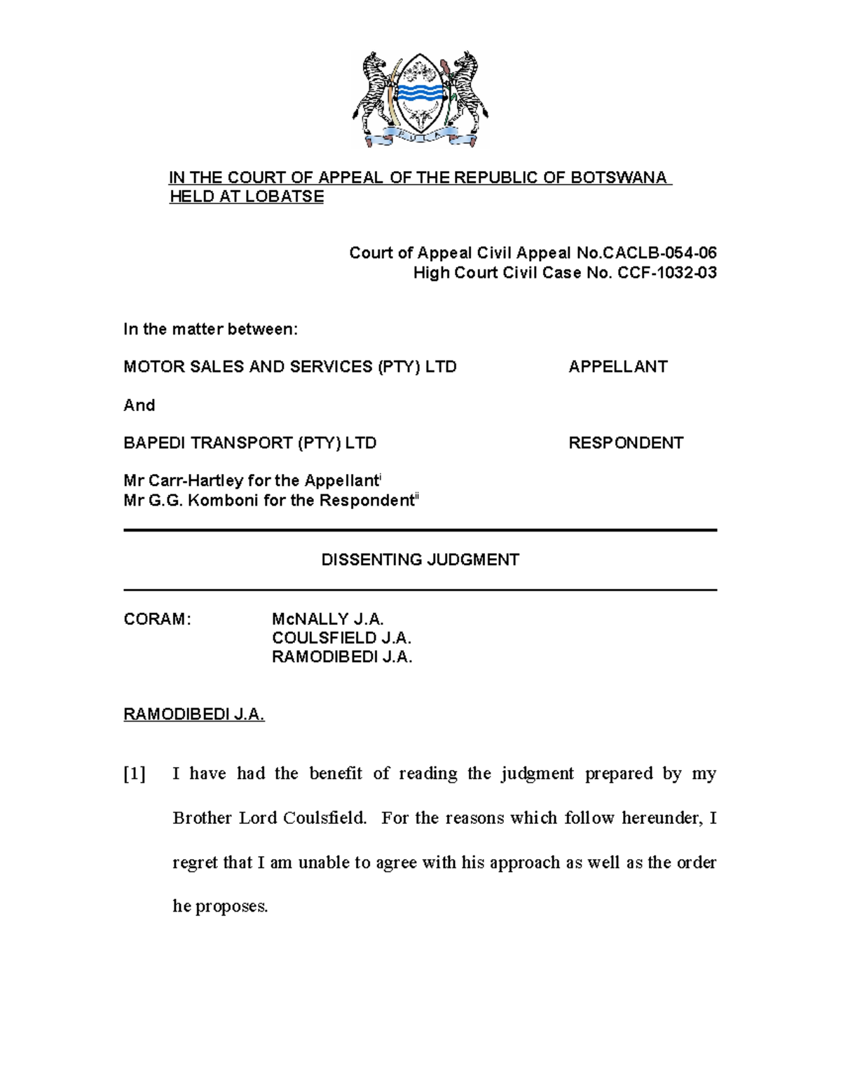 Motor Sales AND Service V Bapedi Transport IN THE COURT OF APPEAL OF