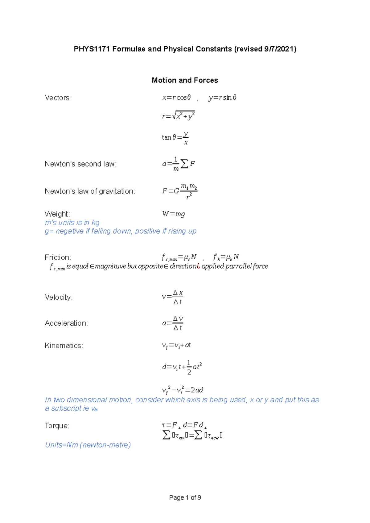 Annotated Formula Sheet PHYS1171 Formulae And Physical Constants 