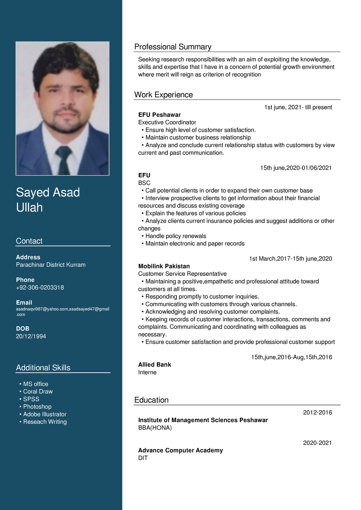 Sayed Asad Ullah CV - Sayed Asad Ullah Contact Address Parachinar ...