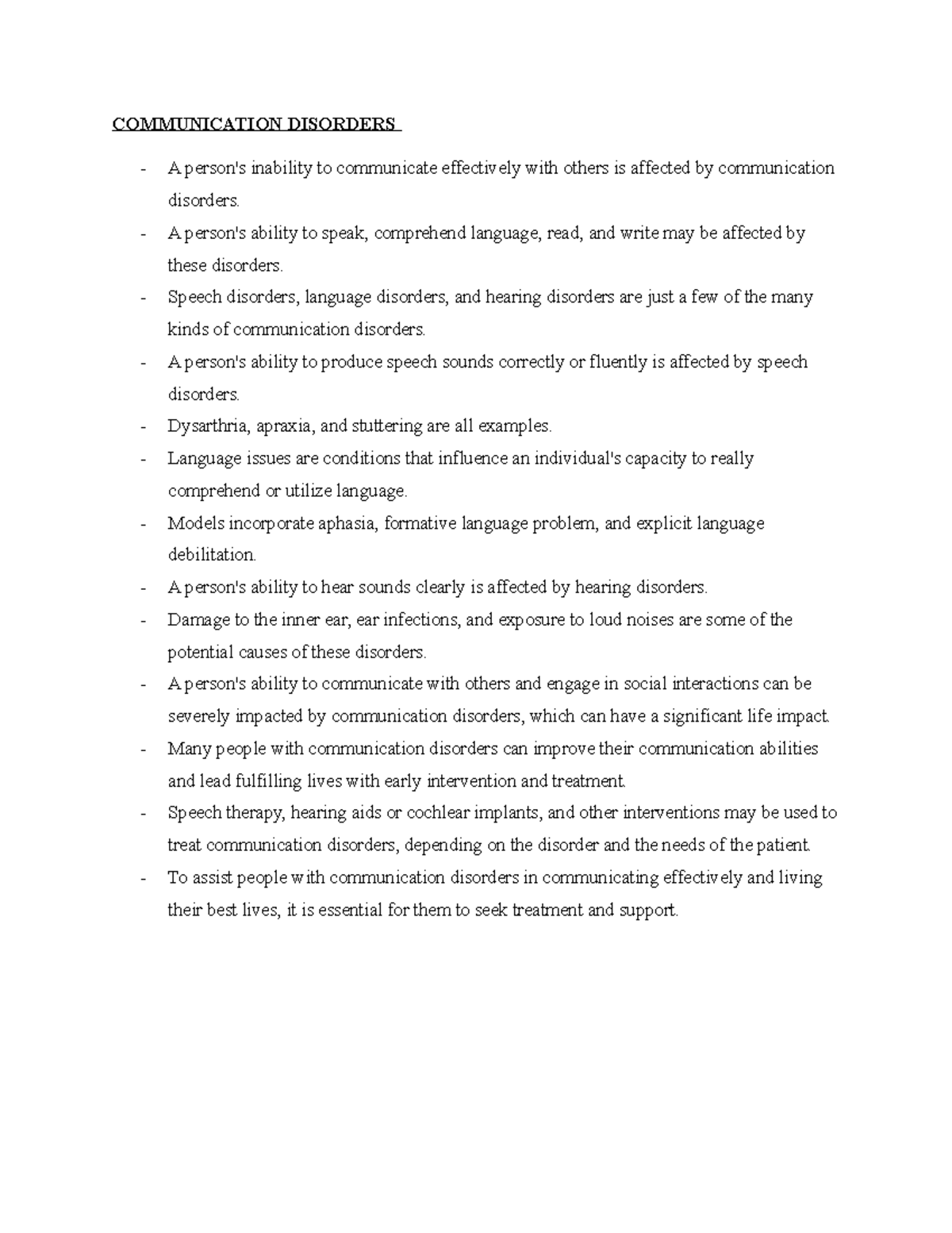 Communication Disorders Notes 1 COMMUNICATION DISORDERS A person's