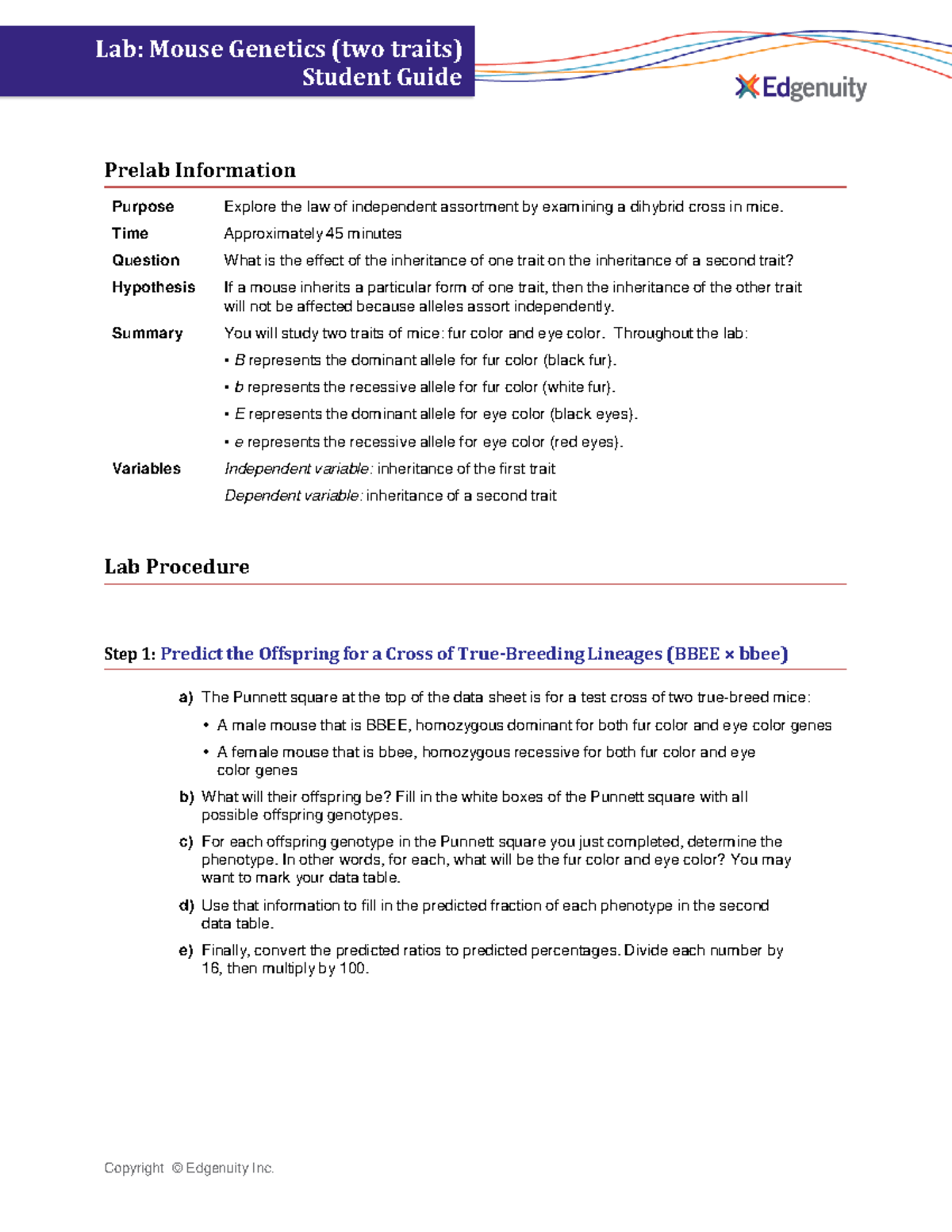 Lab Mouse (two traits) Student Guide Copyright © Edgenuity