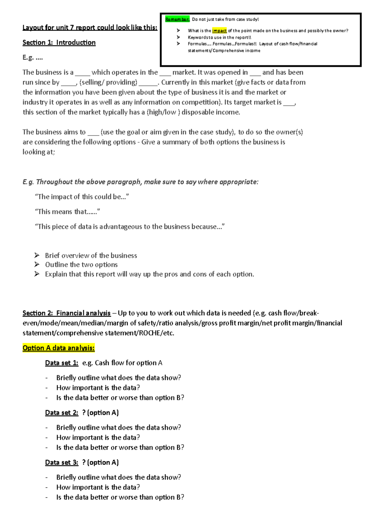 Layout For Unit 7 Report Could Look Like This The Business Is A