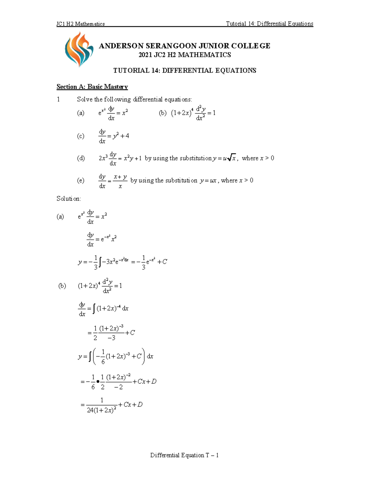 2021 T14 Differential Equations Sol (Section A, C and D ...