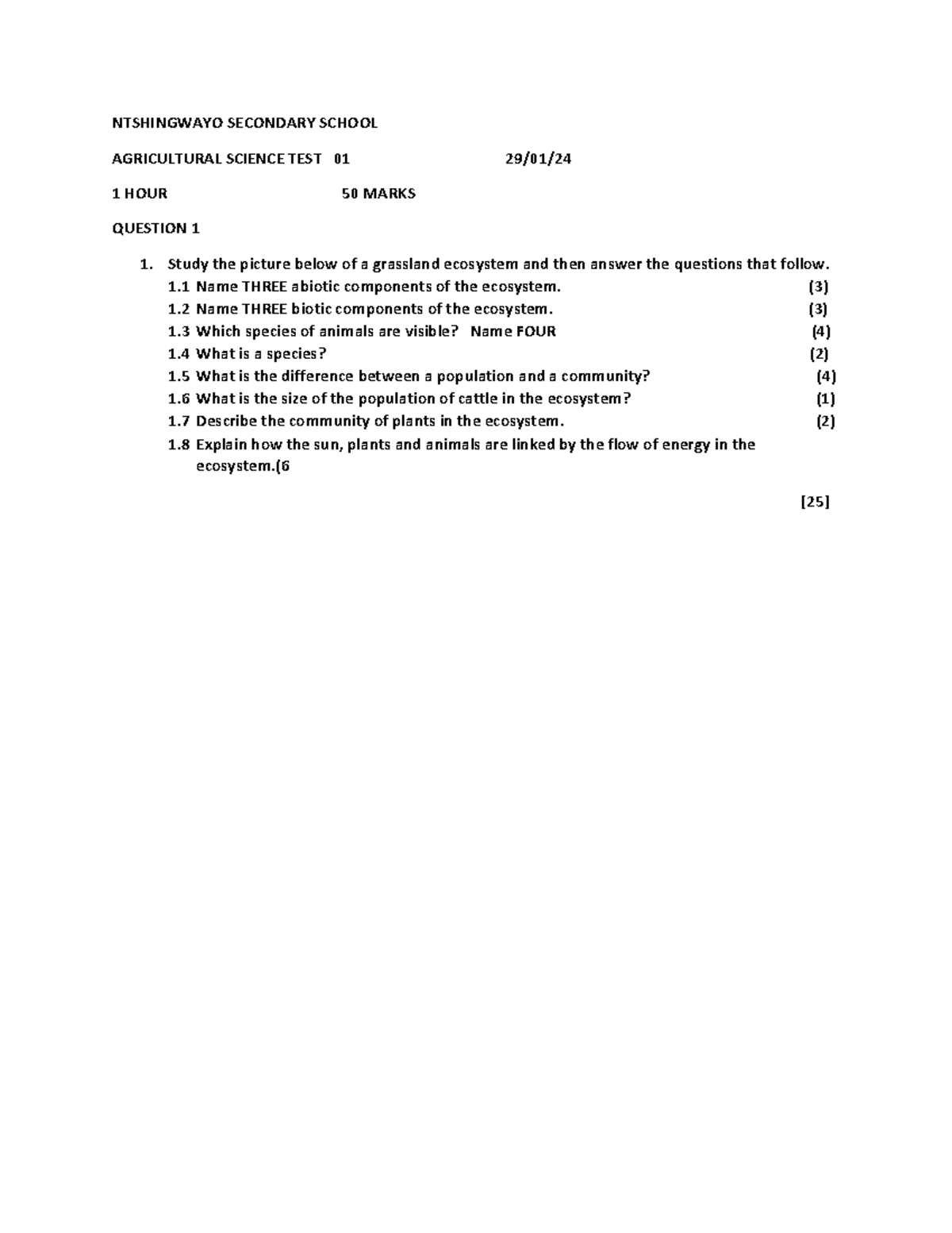 Agric GR 10 TEST 01 - NTSHINGWAYO SECONDARY SCHOOL AGRICULTURAL SCIENCE ...