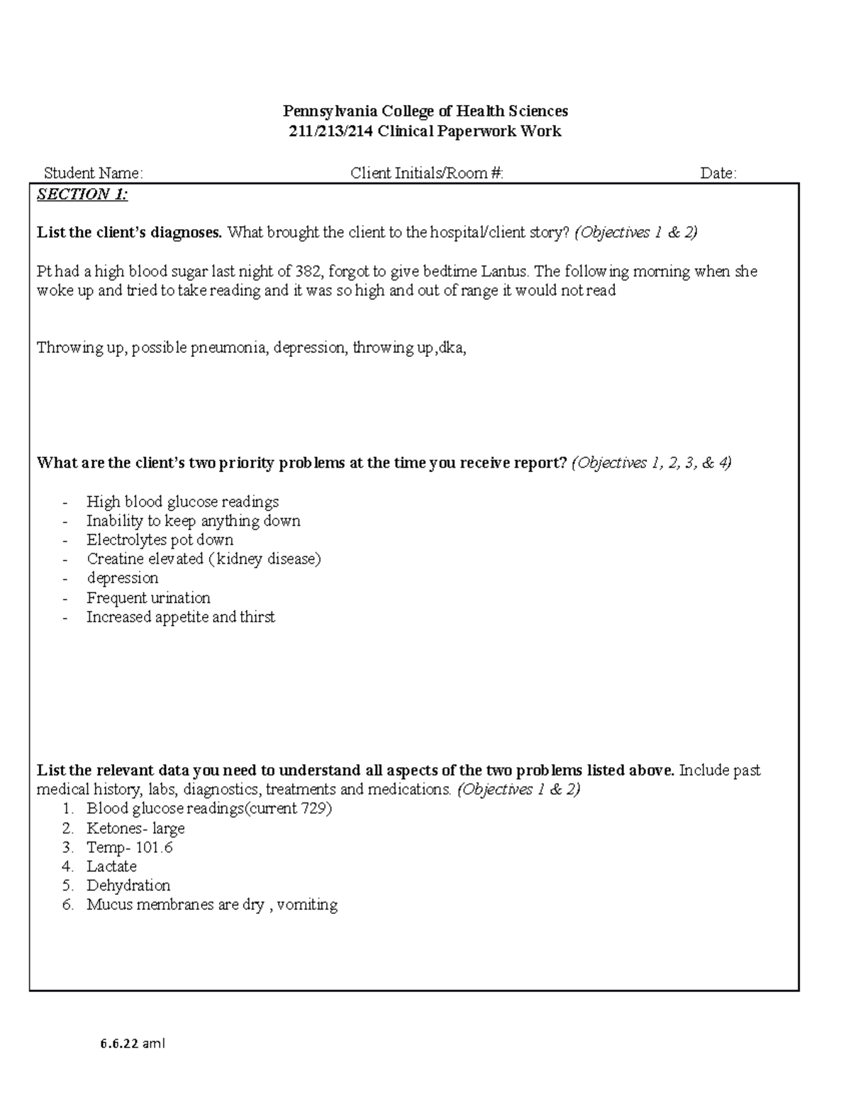 Clinical Paperwork practice - Pennsylvania College of Health Sciences ...