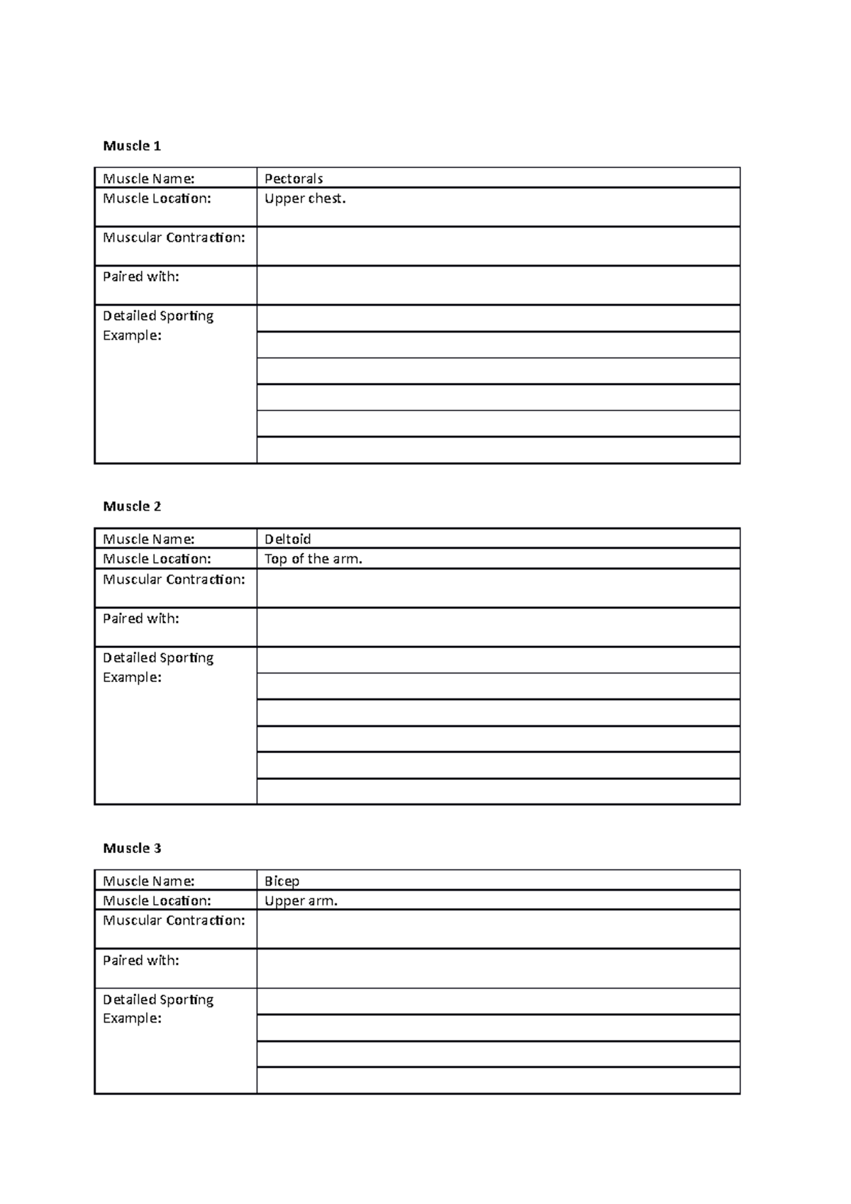 1 - Muscular System Sheet 2 - Muscle 1 Muscle Name: Pectorals Muscle ...