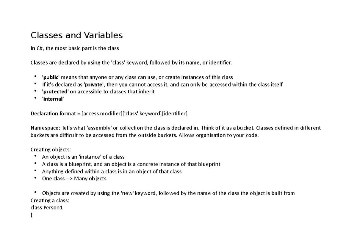 Classes, Variables and Methods - Classes and Variables In C#, the most ...