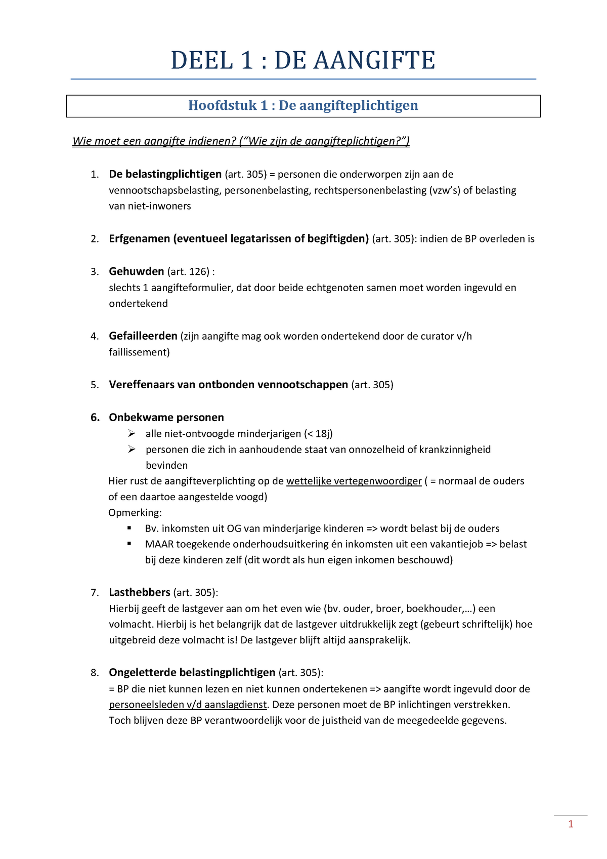 Samenvatting Fiscale Procedure - DEEL 1 : DE AANGIFTE Hoofdstuk 1 : De ...