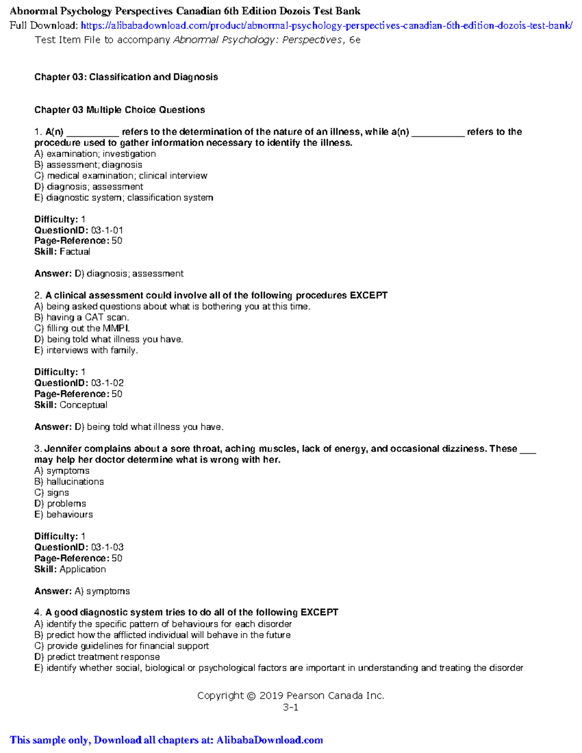 Abnormal Psychology Perspectives Canadian 6th Edition Dozois Test Bank