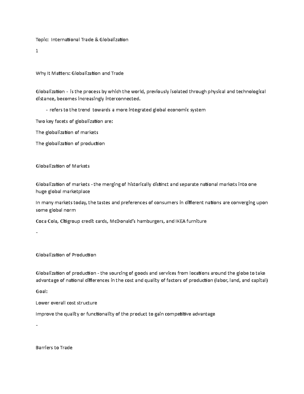 Trade - Lecture notes 11 - Topic: International Trade & Globalization 1 ...