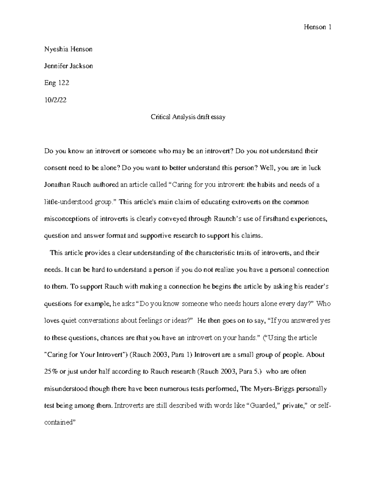 Critical Analysis Draft - Henson 1 Nyeshia Henson Jennifer Jackson Eng ...