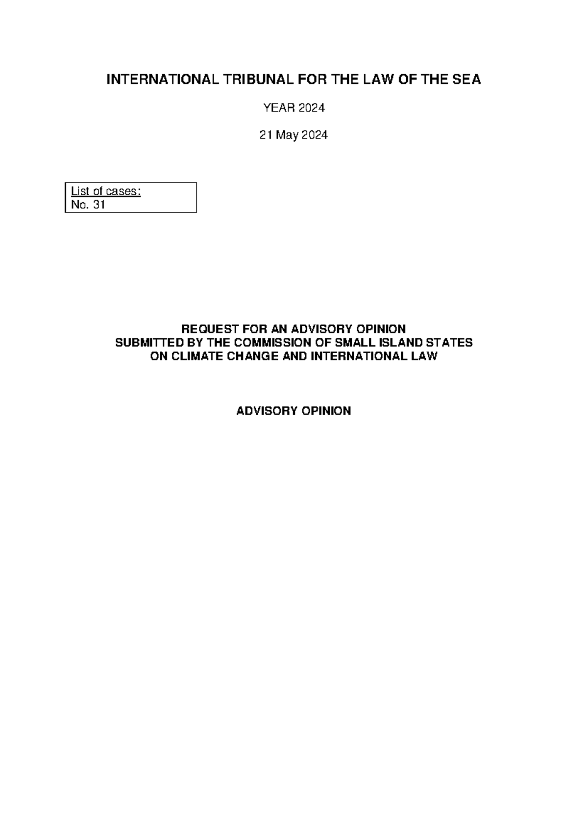Itlos Climate change advisory opinion (2024) - INTERNATIONAL TRIBUNAL ...
