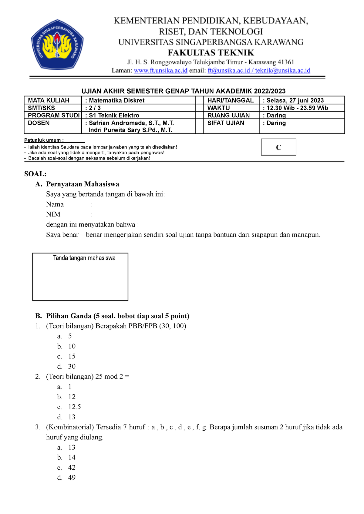 SOAL UAS S1 Teknik Elektro 2 Matematika Diskret Safrian Andromeda 2C ...