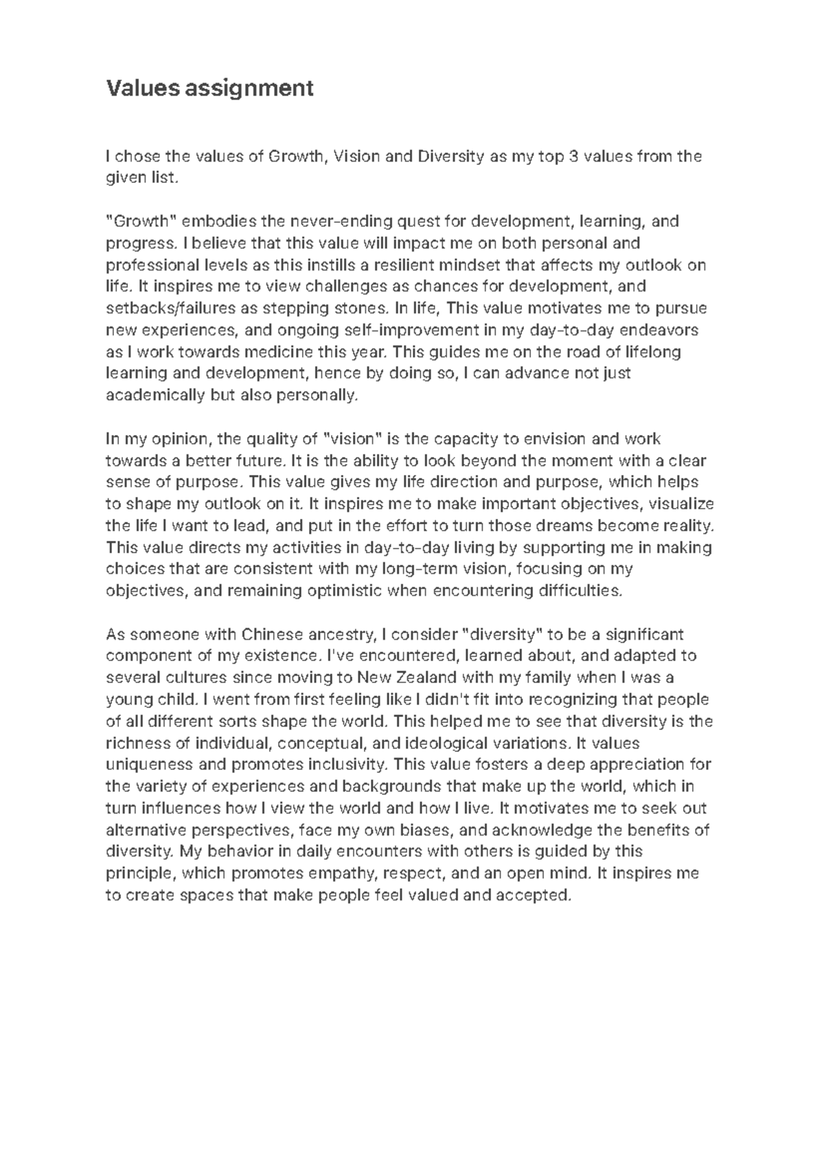 assignment 1 for values - Values assignment I chose the values of ...
