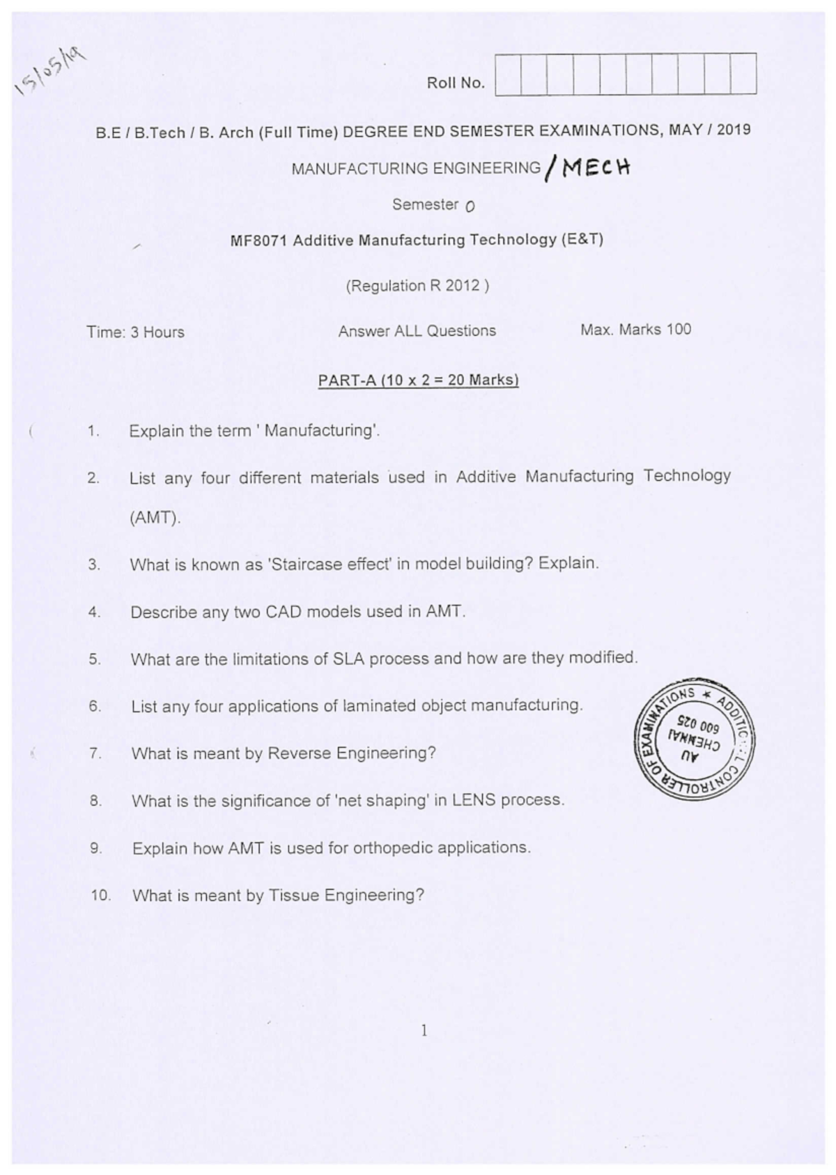 MF80712012 AM2019 - Question Paper of Additive Manufacturing Course - B ...