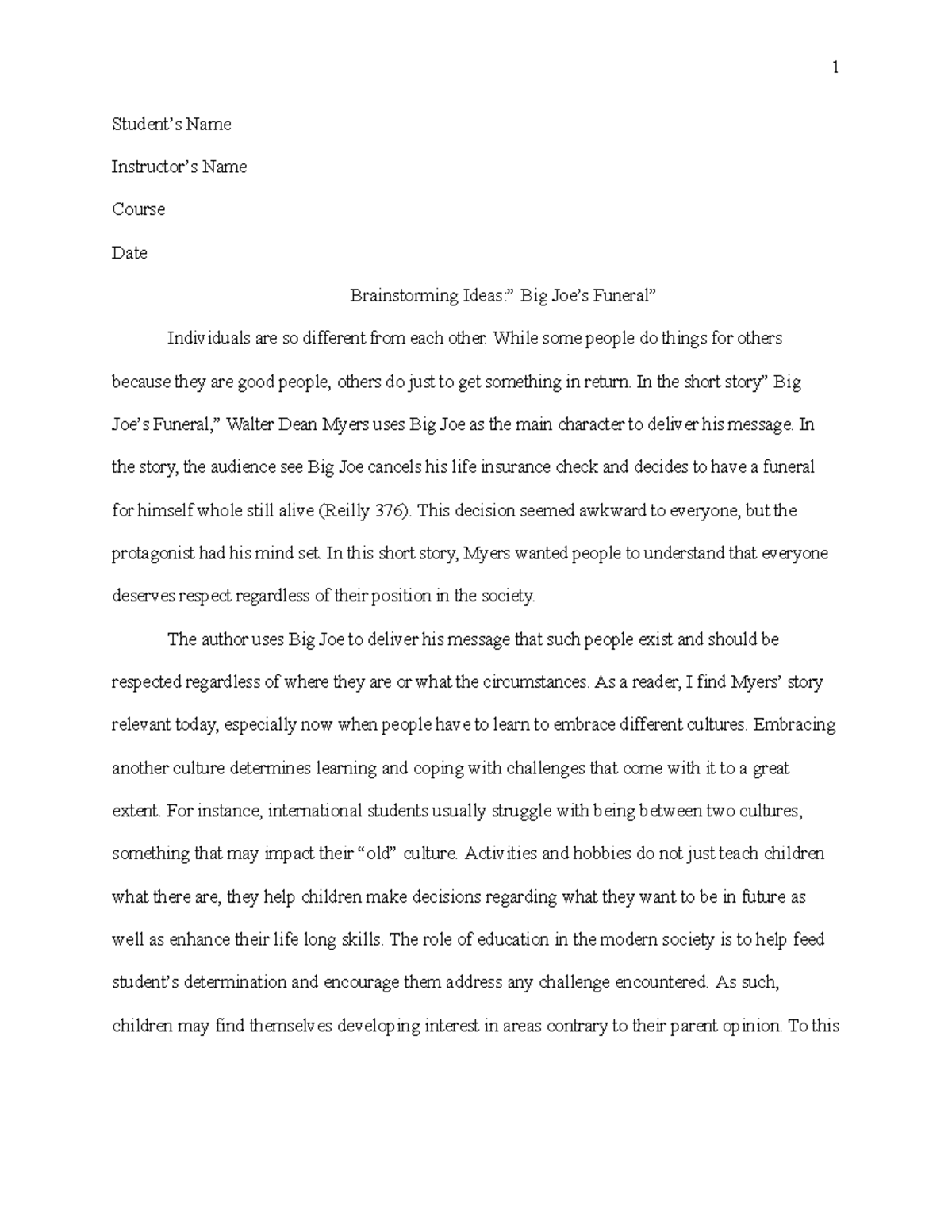 16.1 d Big Joe's Funeral 1 Student’s Name Instructor’s Name Course