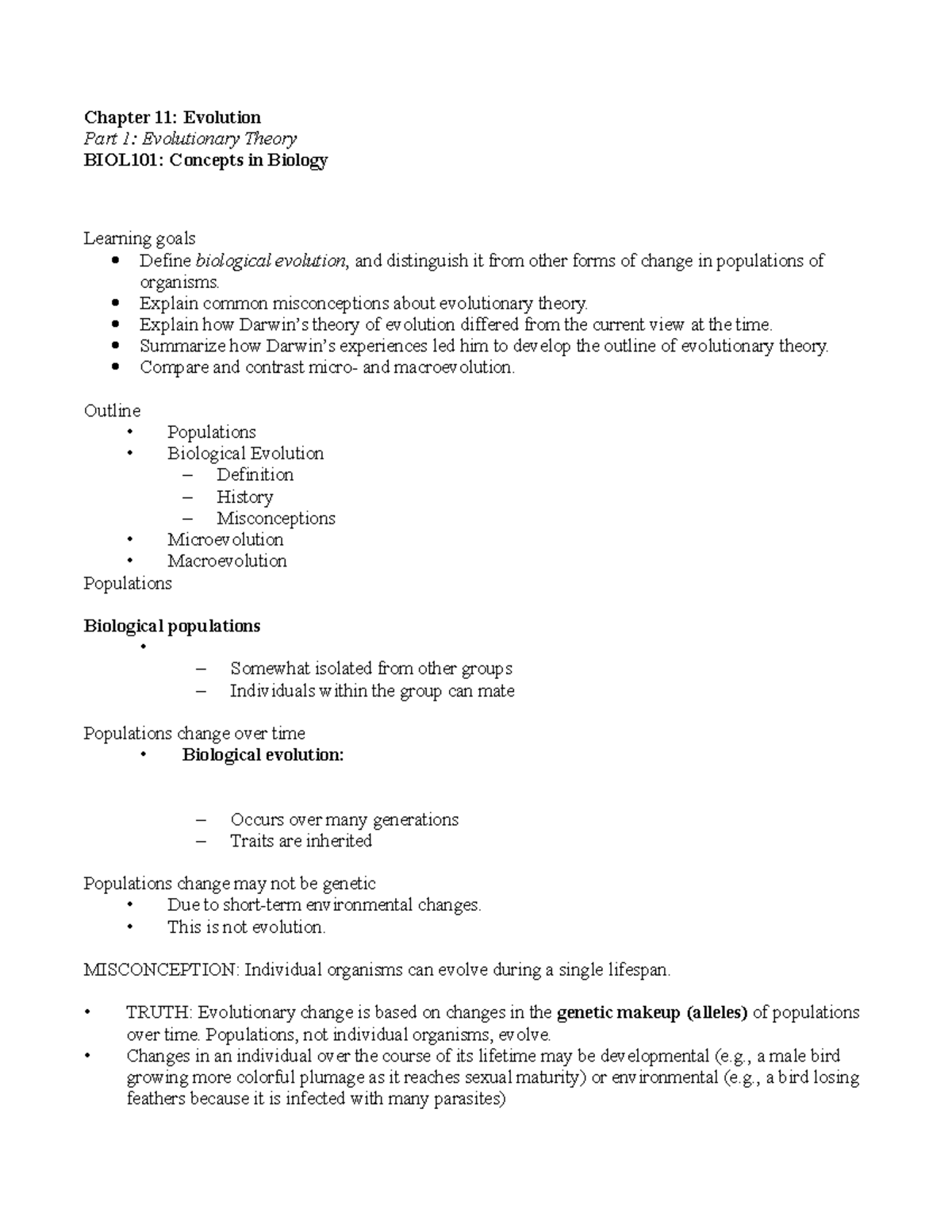 BIOL101 Chapter 11 Part1 notes - Chapter 11: Evolution Part 1 ...