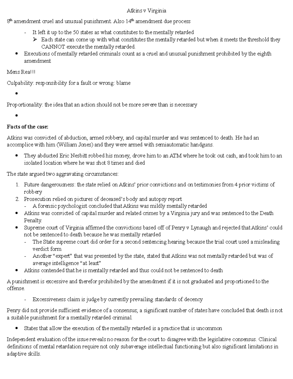 Atkins v Virginia Class discussion and important notes over the